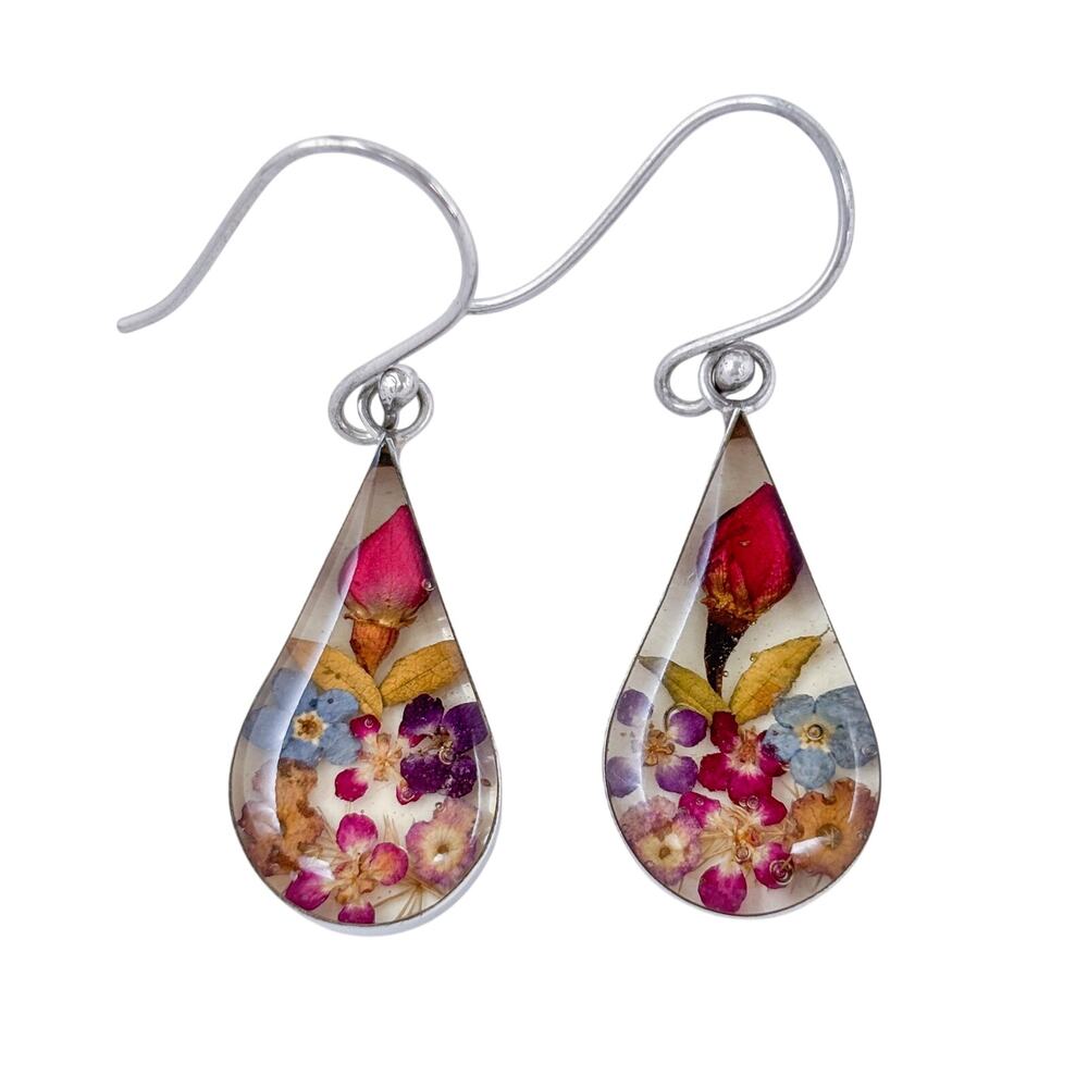 Vintage Mexican Sterling Silver 925 Pressed Flower Teardrop Earrings